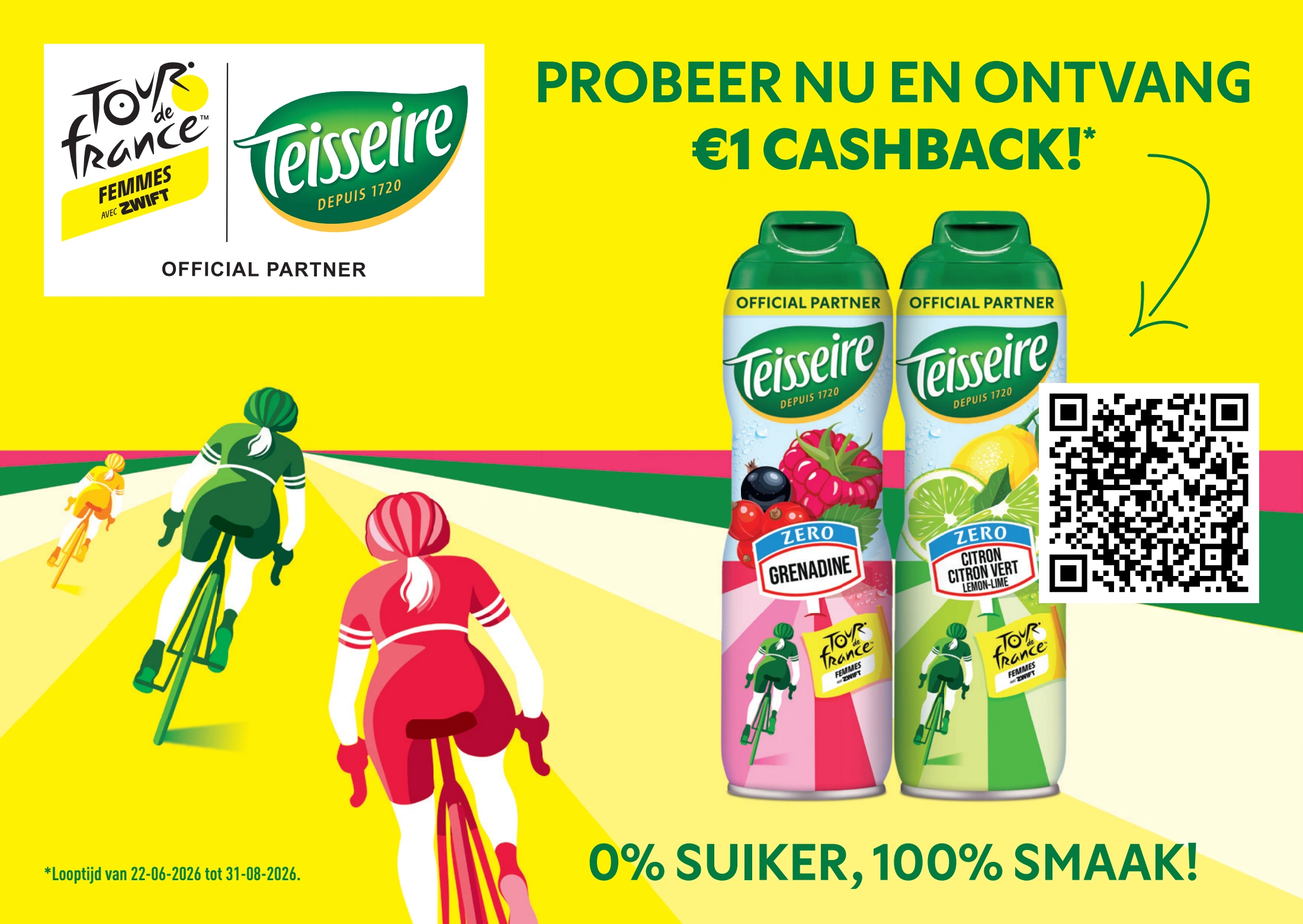 Teisseire Tour de France-cashbackflyer met productbeelden, wielrenners en QR-code