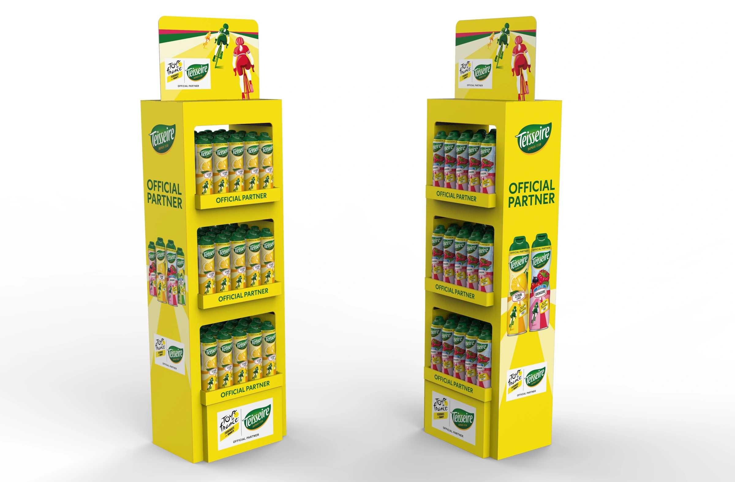 Twee gele Teisseire-vloerdisplays met producten en Tour de France-vormgeving