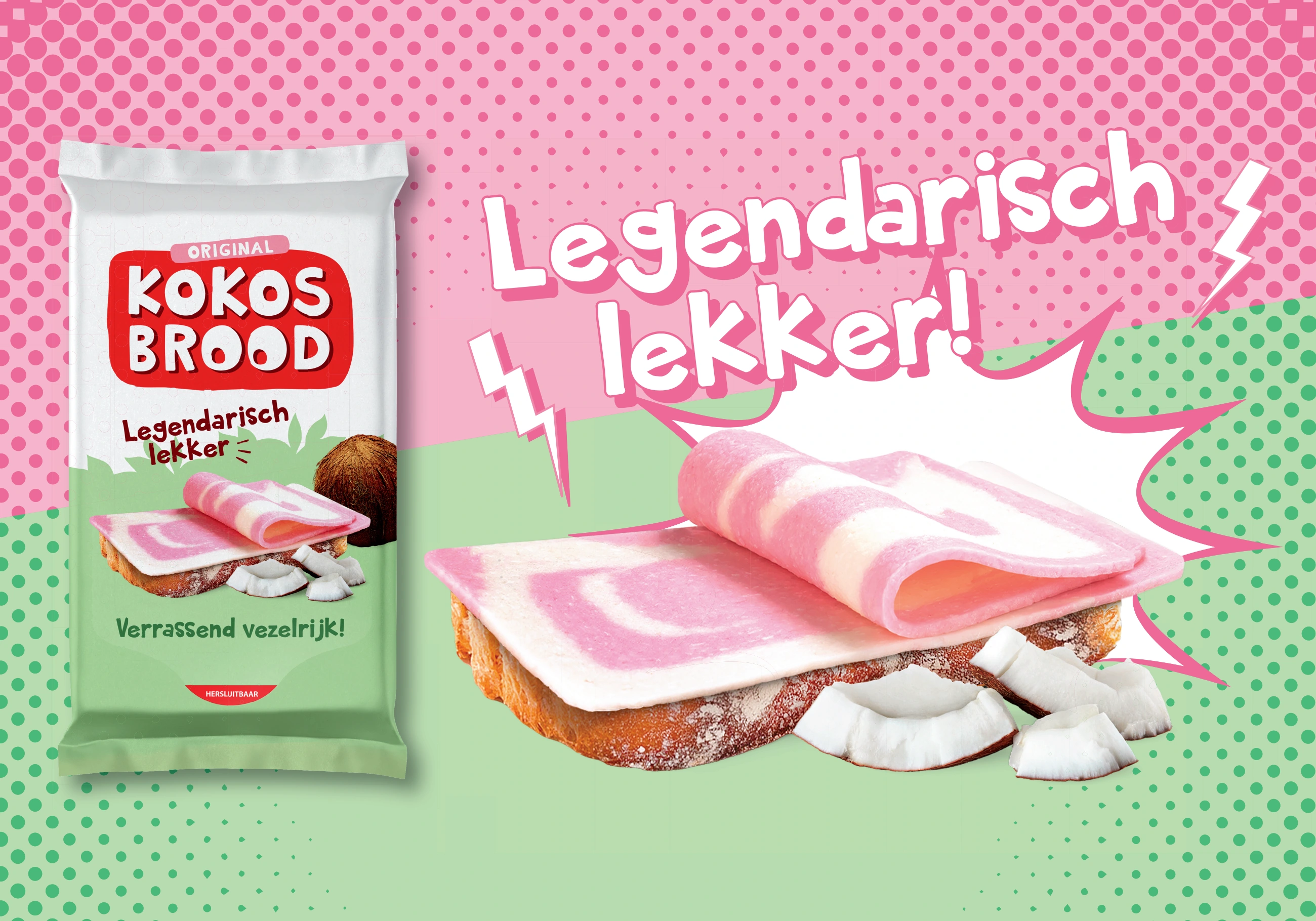 Het nieuwe roze-groene Kokosbrood-key visual met productverpakking en de tekst Legendarisch lekker!