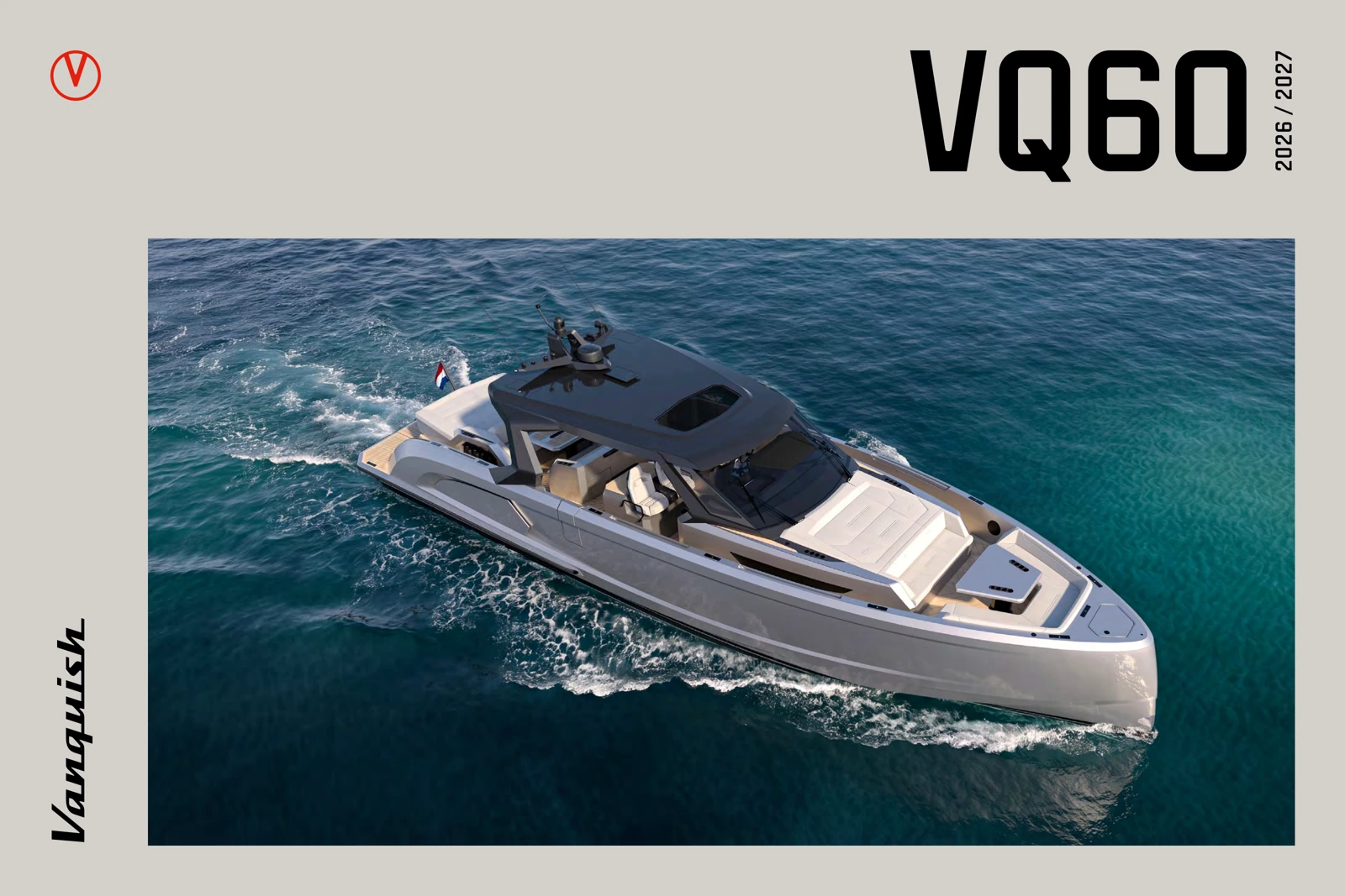 De openingsspread van de Vanquish VQ60-brochure met een jacht op zee
