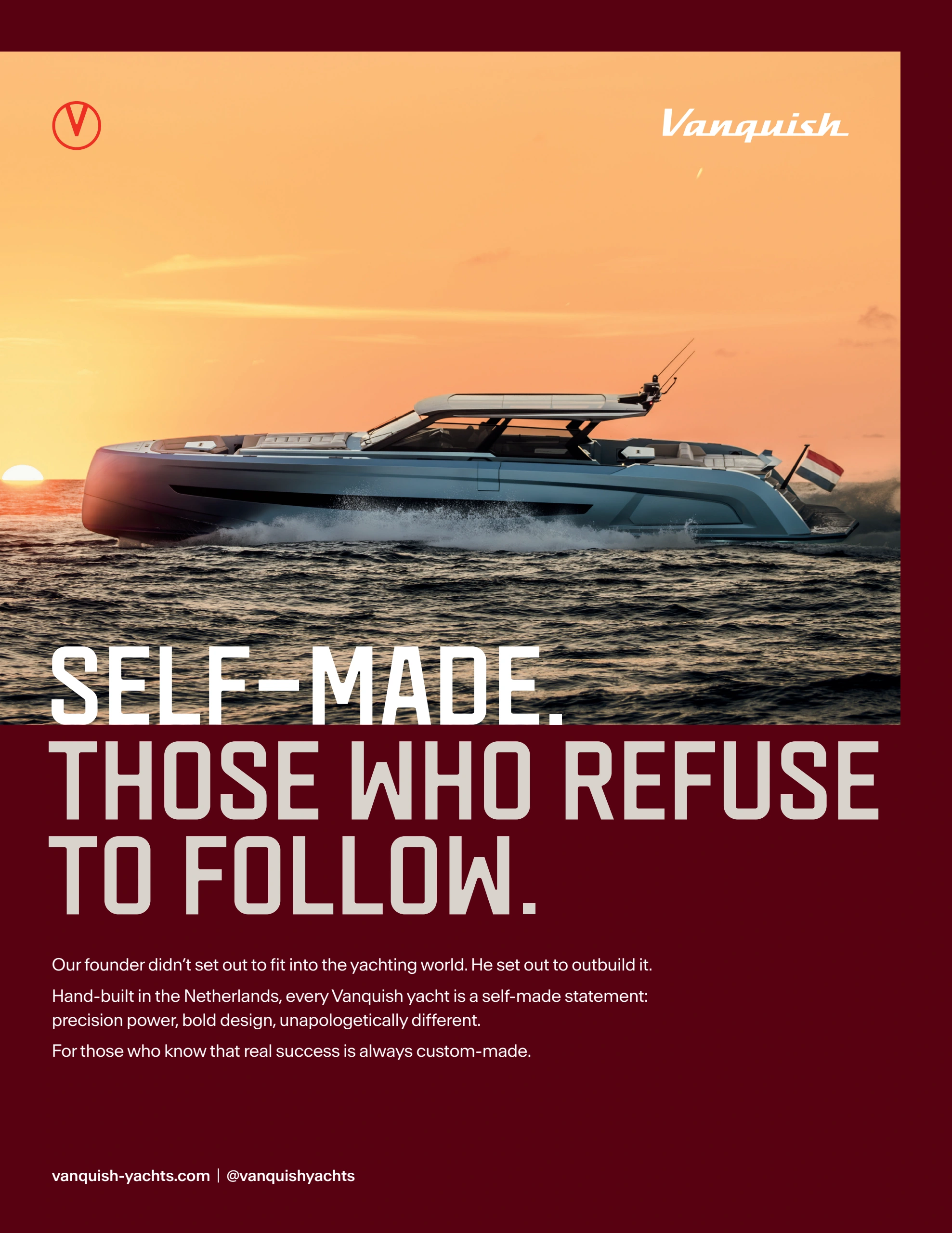 Vanquish Yachts-advertentie voor Quote met jacht bij zonsondergang en Self-Made-merkverhaal